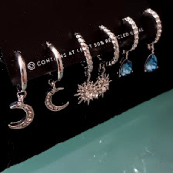 VERA WANG 3pc Rocker Chic Moon/Star/Teardrop Clear & Blue Crystal Hoop Earrings - Picture 2 of 5